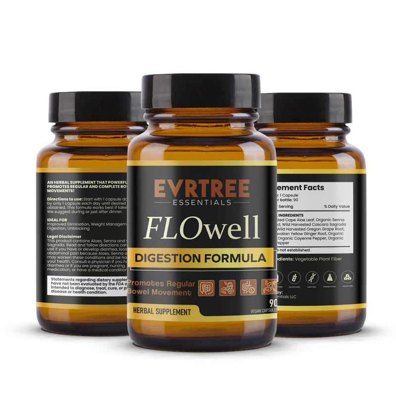 Flowell Digestive Health Supplement – Bottle with Organic Ingredients Label